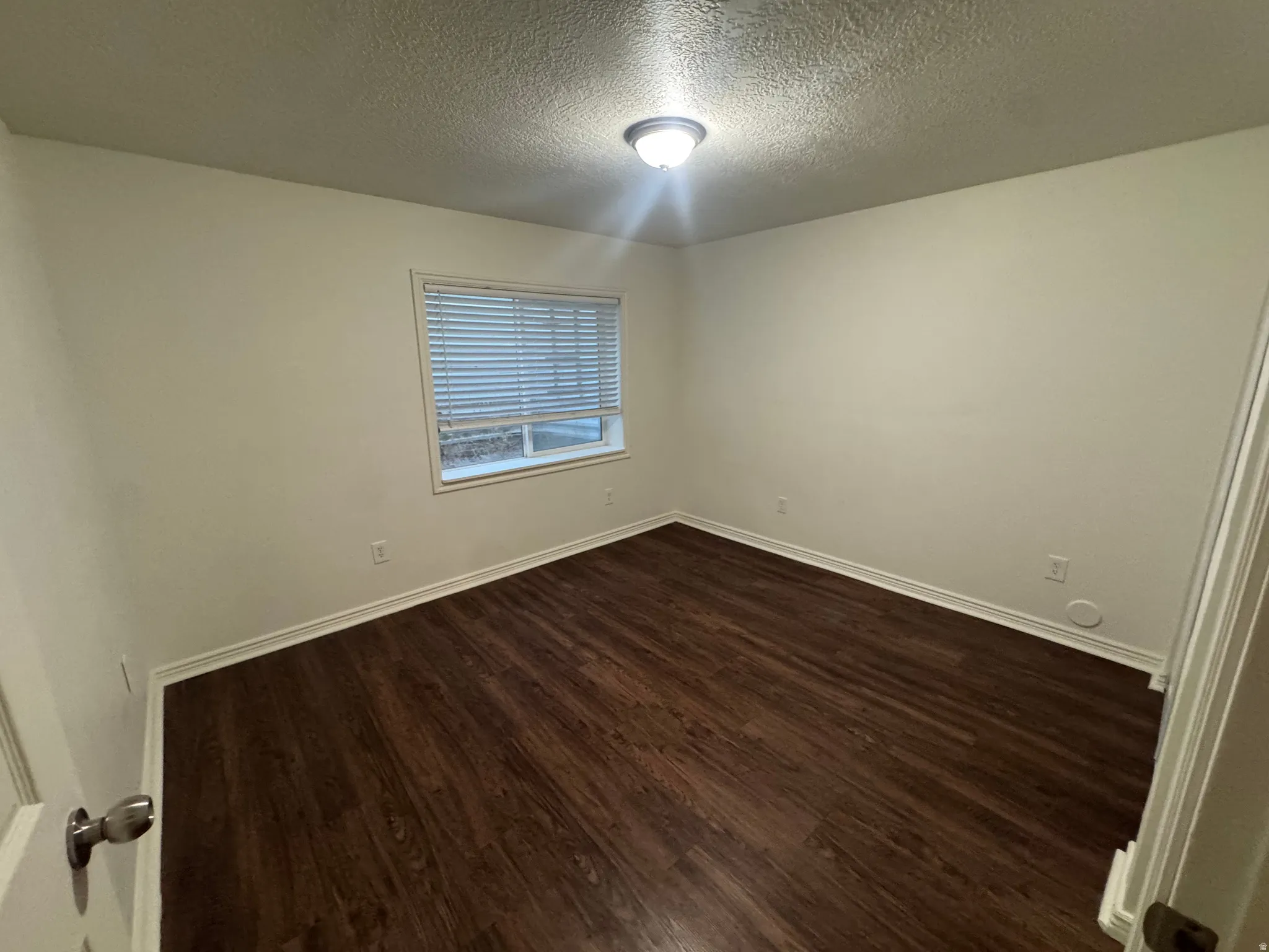 Spacious room featuring dark wood-finish flooring, light-colored walls, a single window with blinds, and a ceiling-mounted light fixture