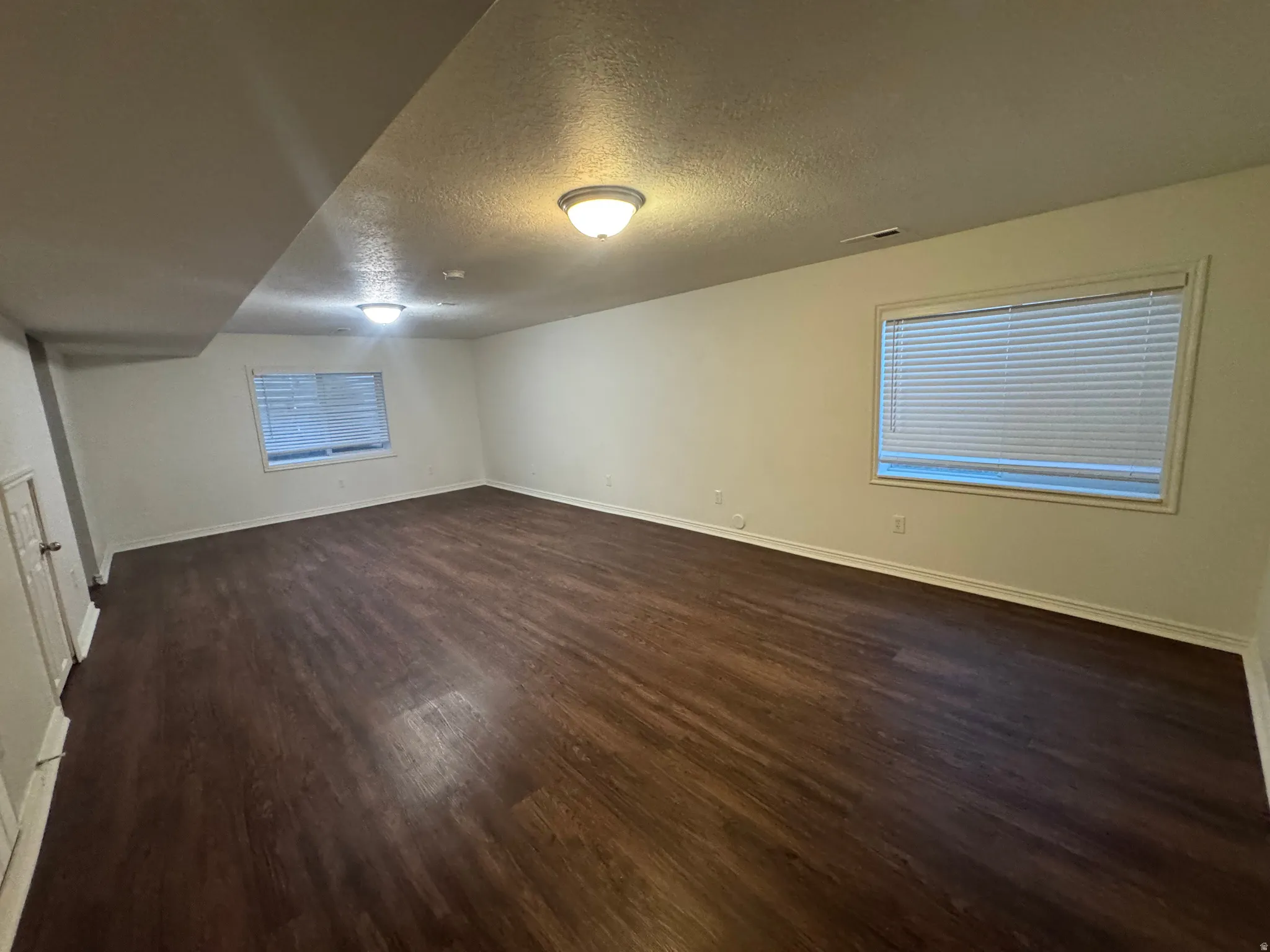 Spacious room featuring wood-finish flooring, neutral-toned walls, and recessed windows with blinds