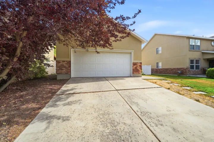 Concrete driveway leading to a two-car garage with panel detailing