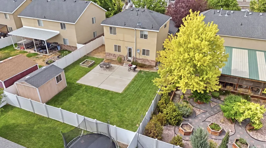 Expansive backyard featuring a large concrete patio, manicured lawn, and a separate storage shed
