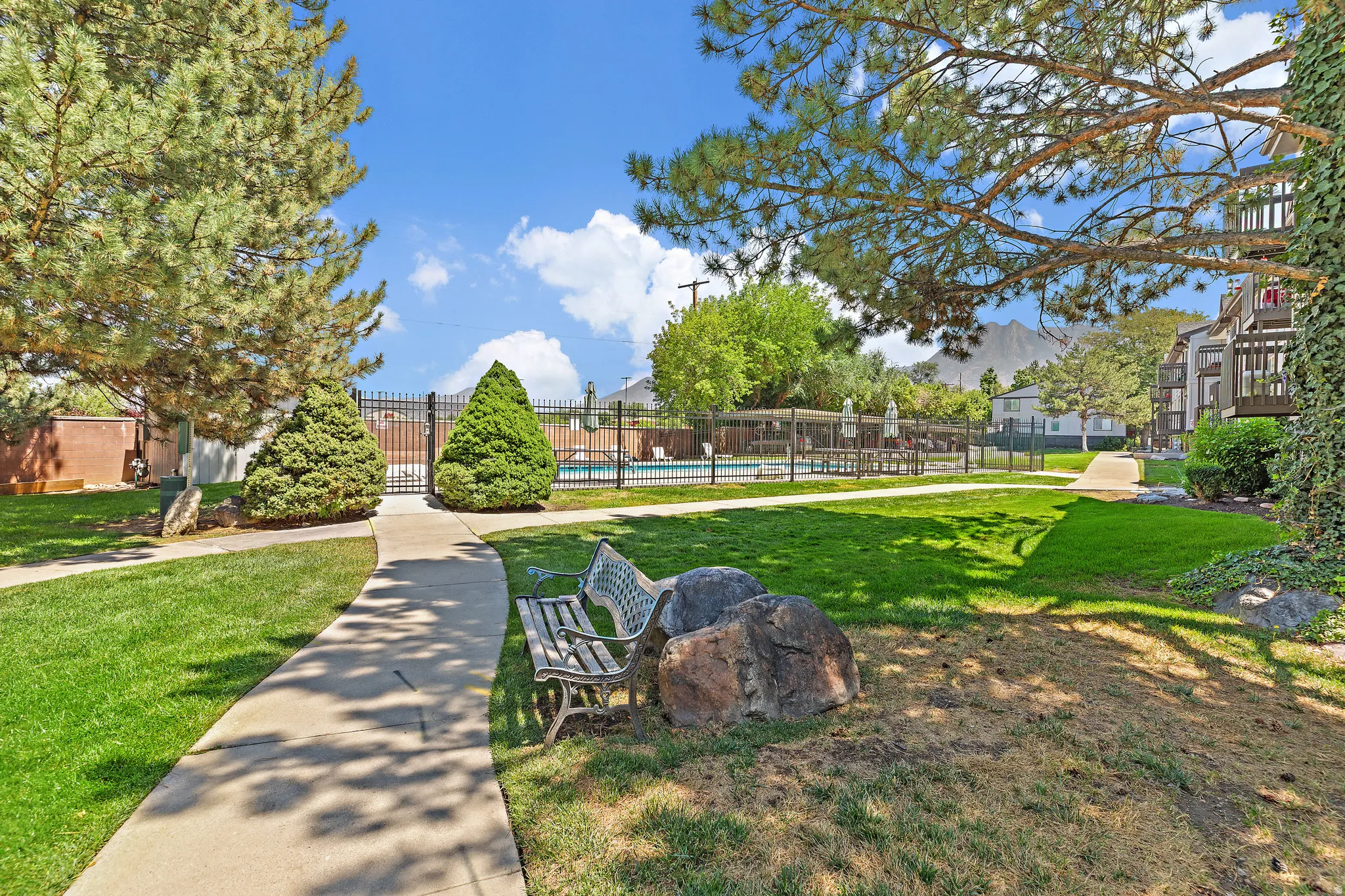 Concrete pathway bordered by green lawn and mature trees