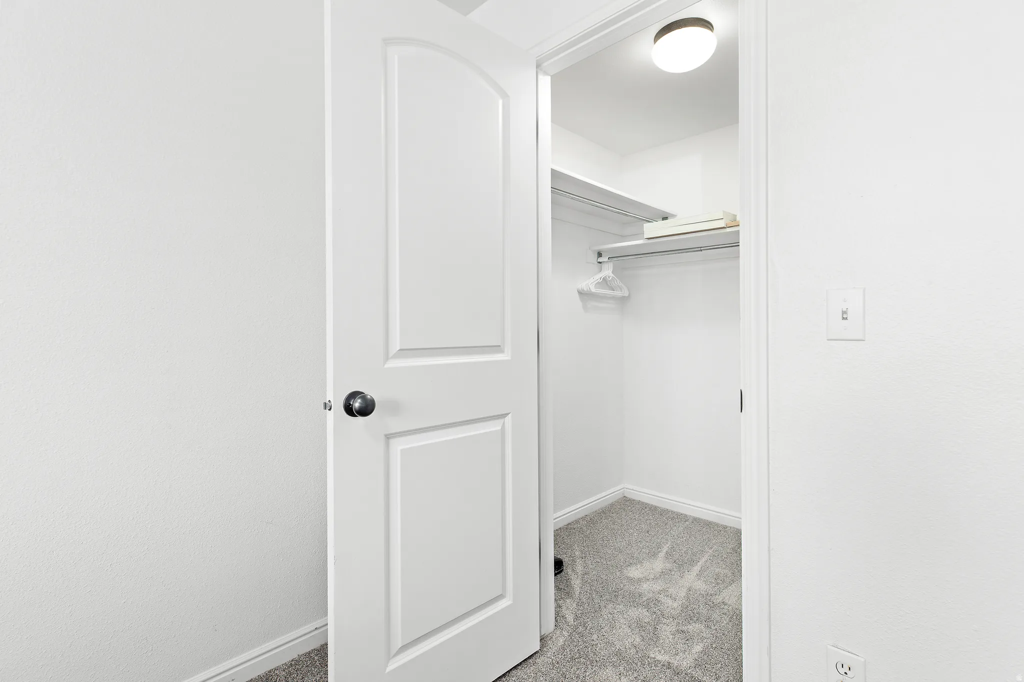 Walk-in closet featuring white walls, gray carpet, a built-in shelf, and a clothing rod