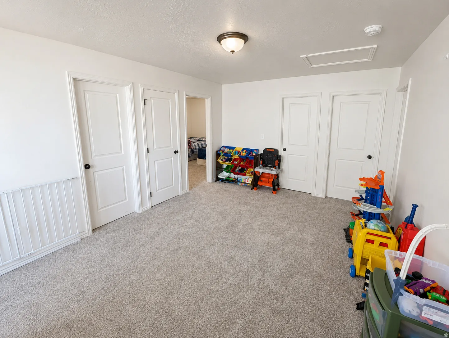 Carpeted room featuring white paneled doors, ceiling-mounted light fixture, and white wall paneling