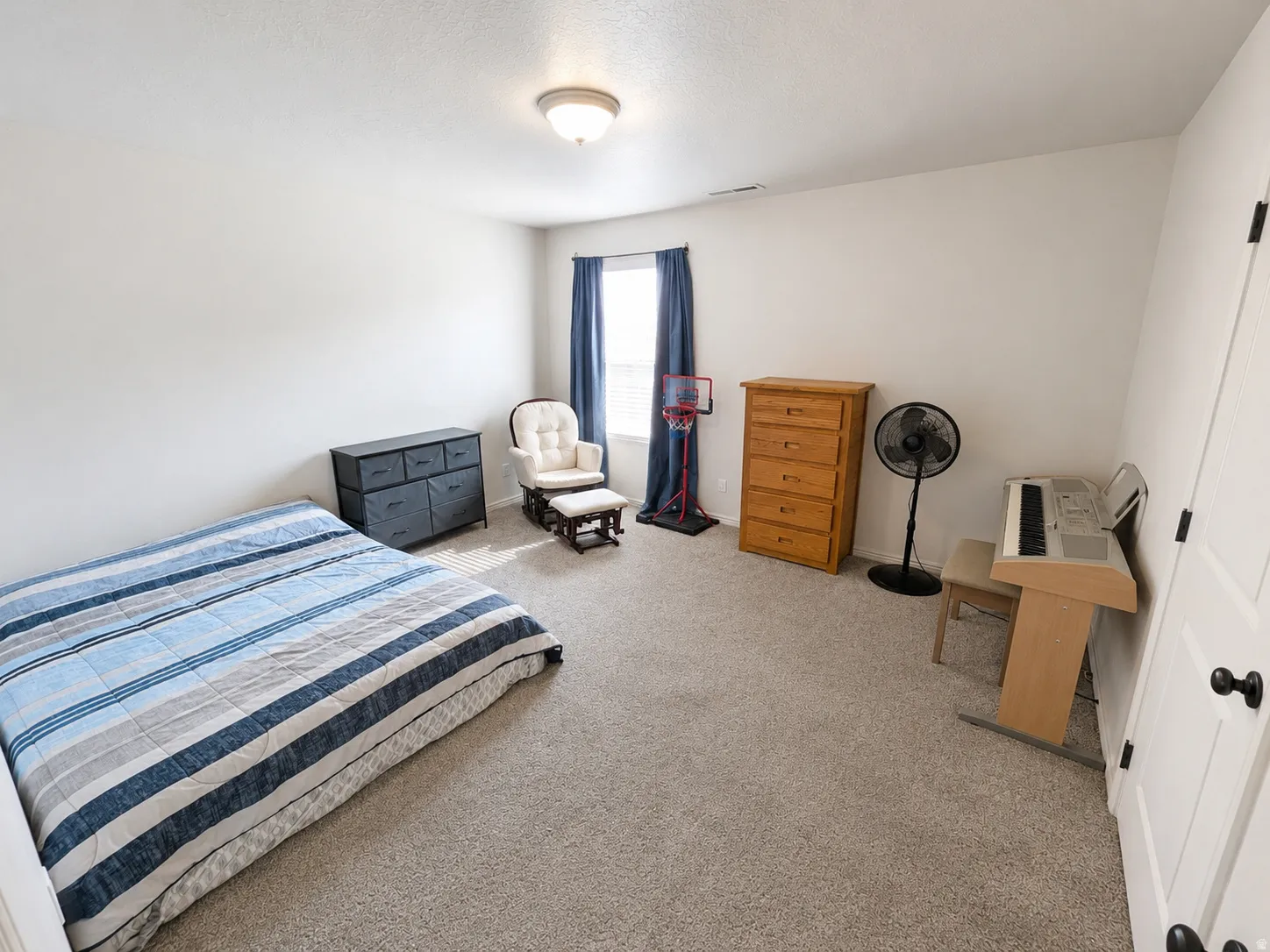 Spacious room featuring neutral carpeting, white painted walls, a single window with blue drapes, a flush-mount ceiling light fixture, and a white paneled door with black hardware