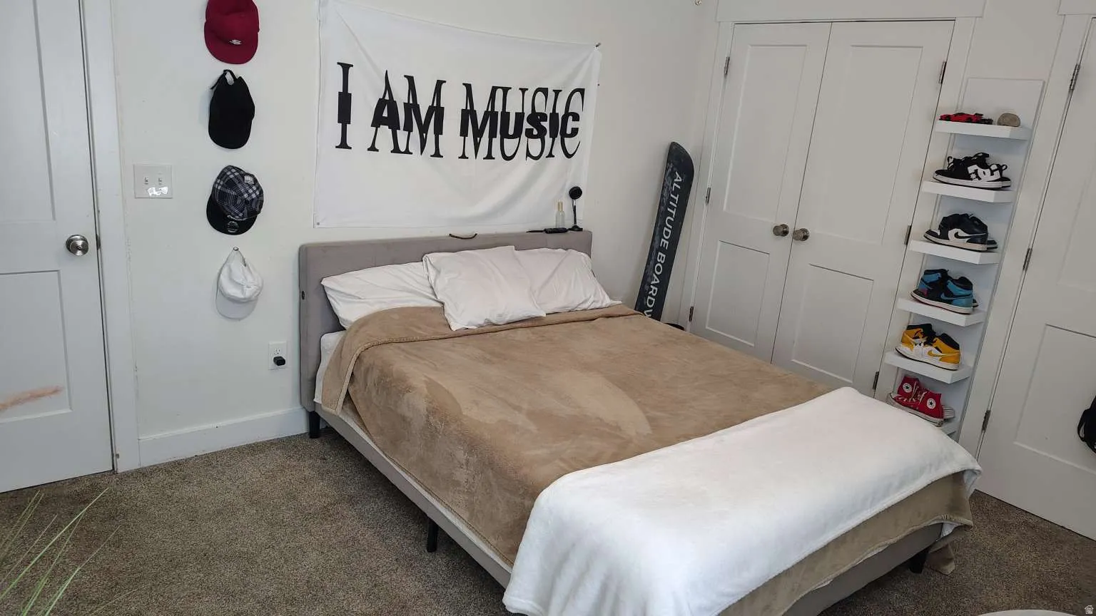 White painted interior doors, carpeted flooring, and a built-in wall shelf