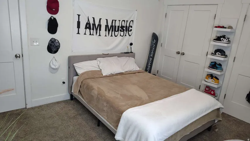 White painted interior doors, carpeted flooring, and a built-in wall shelf