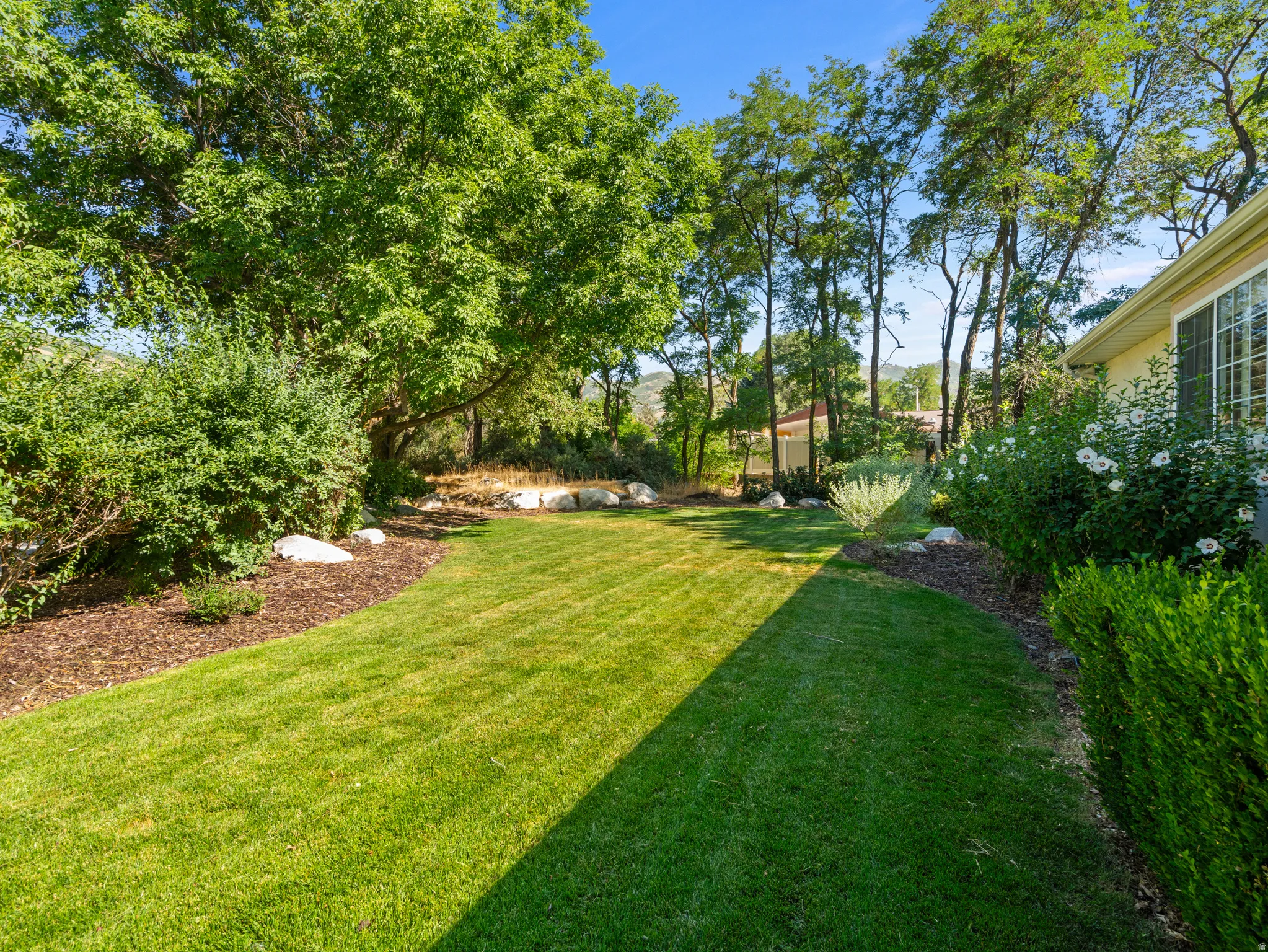 Expansive lawn area with mature trees and established landscaping featuring shrubs, flowering bushes, and decorative rocks