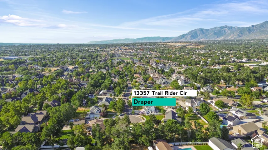 Expansive aerial view showcasing a verdant residential area with mature trees and a distant mountain range backdrop