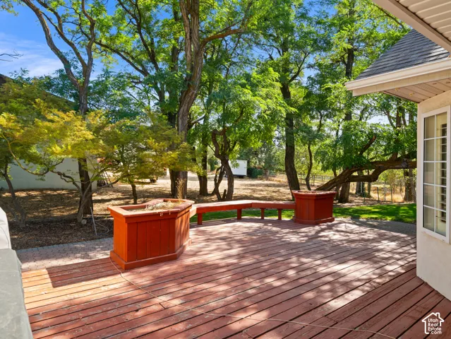 Expansive wood deck featuring built-in planters and bench seating
