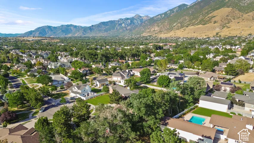 Expansive residential area featuring a diverse collection of homes, mature trees, and mountainous terrain in the background