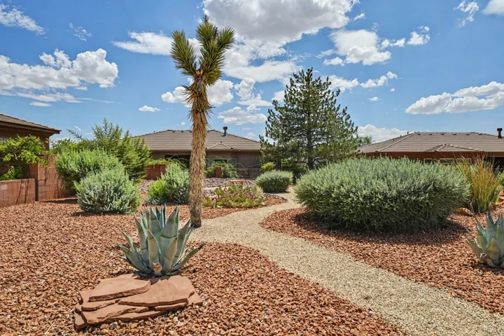 Xeriscape landscaping featuring a gravel pathway, mature agave plants, desert shrubs, and a palm tree