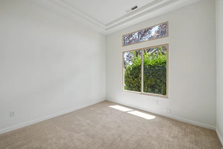 Room featuring a tray ceiling, beige carpet flooring, and a large window with an upper transom