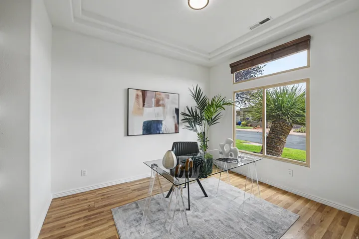 Room featuring tray ceiling, wood-finish flooring, and multiple windows providing natural light