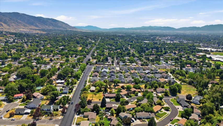 Expansive residential landscape featuring numerous single-family homes, mature tree canopy, and a prominent mountain backdrop
