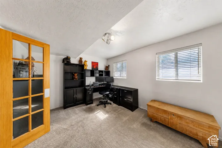 Carpeted interior room featuring a light wood-finish door with glass panels, white walls, and two windows with blinds