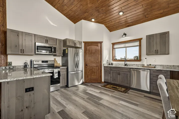 Spacious kitchen featuring gray cabinetry with stainless steel appliances, granite countertops, a large center island with seating, wood-finish flooring throughout, and abundant natural light from multiple windows