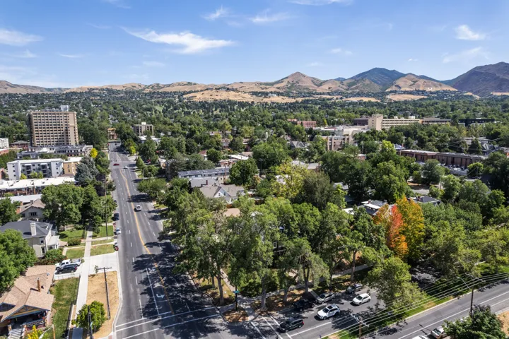 Expansive urban landscape with a prominent thoroughfare and abundant mature trees