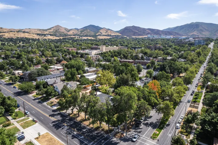 Aerial perspective showcasing a tree-lined street bordered by residential and commercial structures, with mountainous terrain in the distance