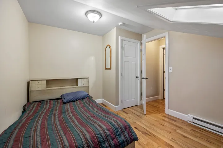 Room featuring wood-finish flooring, a ceiling-mounted light fixture, and a skylight