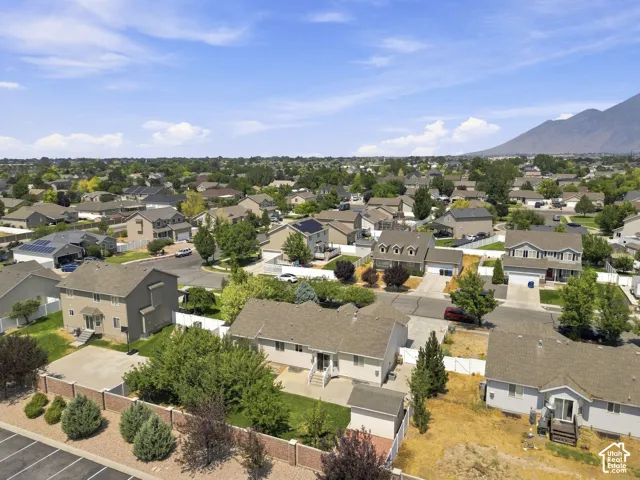 Aerial perspective showcasing a residential neighborhood with diverse housing styles, mature trees, and mountainous terrain in the distance