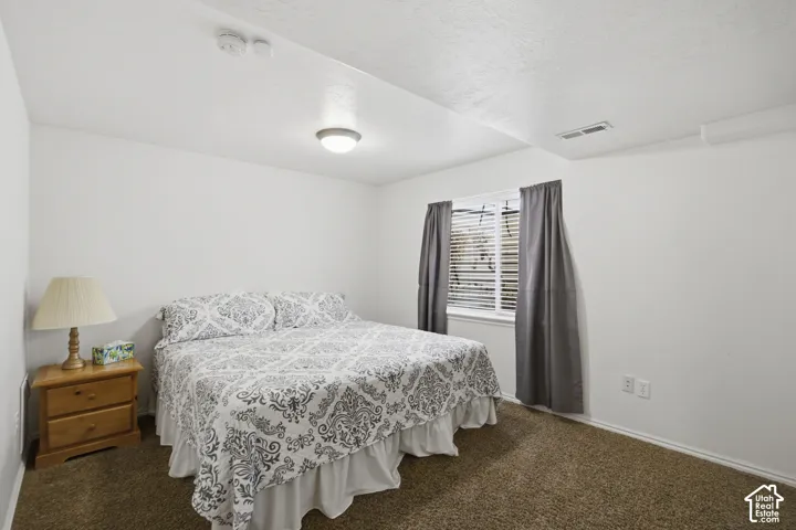 Spacious bedroom featuring neutral wall finishes, carpet flooring, and a large window