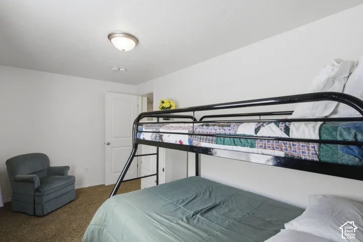 Comfortable secondary bedroom featuring a metal bunk bed frame, carpeted flooring, and ample natural lighting from a ceiling-mounted fixture