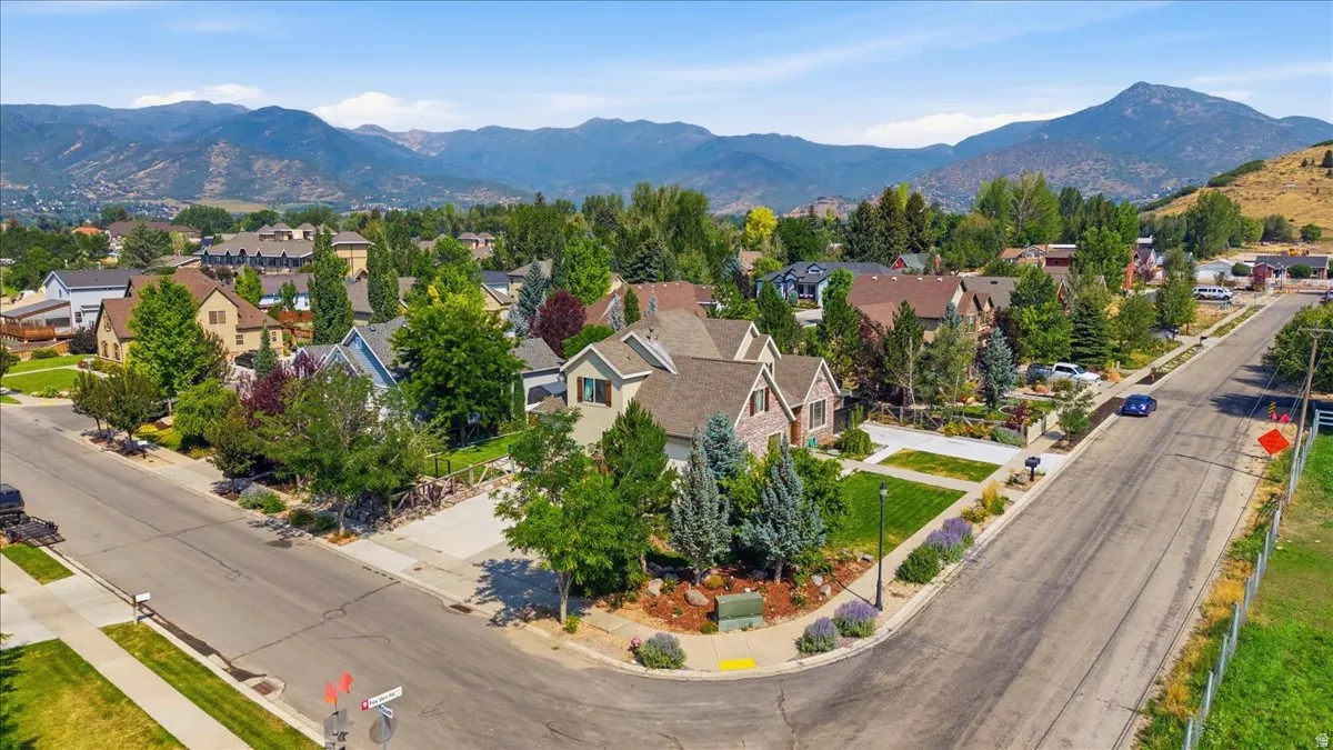 Residential street featuring a corner lot property with mature landscaping