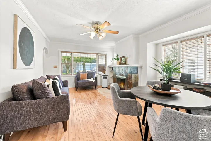 Bright and open living space featuring warm wood-finish flooring throughout, ceiling fan with integrated lighting, and abundant natural light from multiple windows with plantation shutters