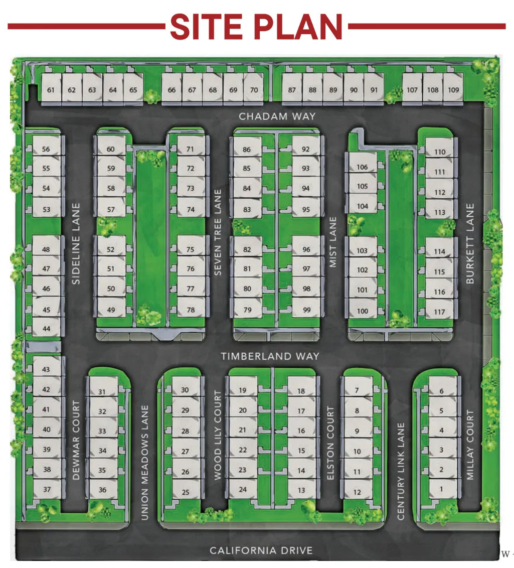 Site Plan. Illustrating the property layout with individual plot designations and access roads