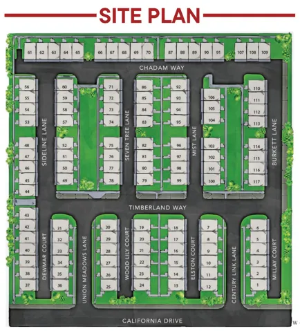 Site Plan. Illustrating the property layout with individual plot designations and access roads