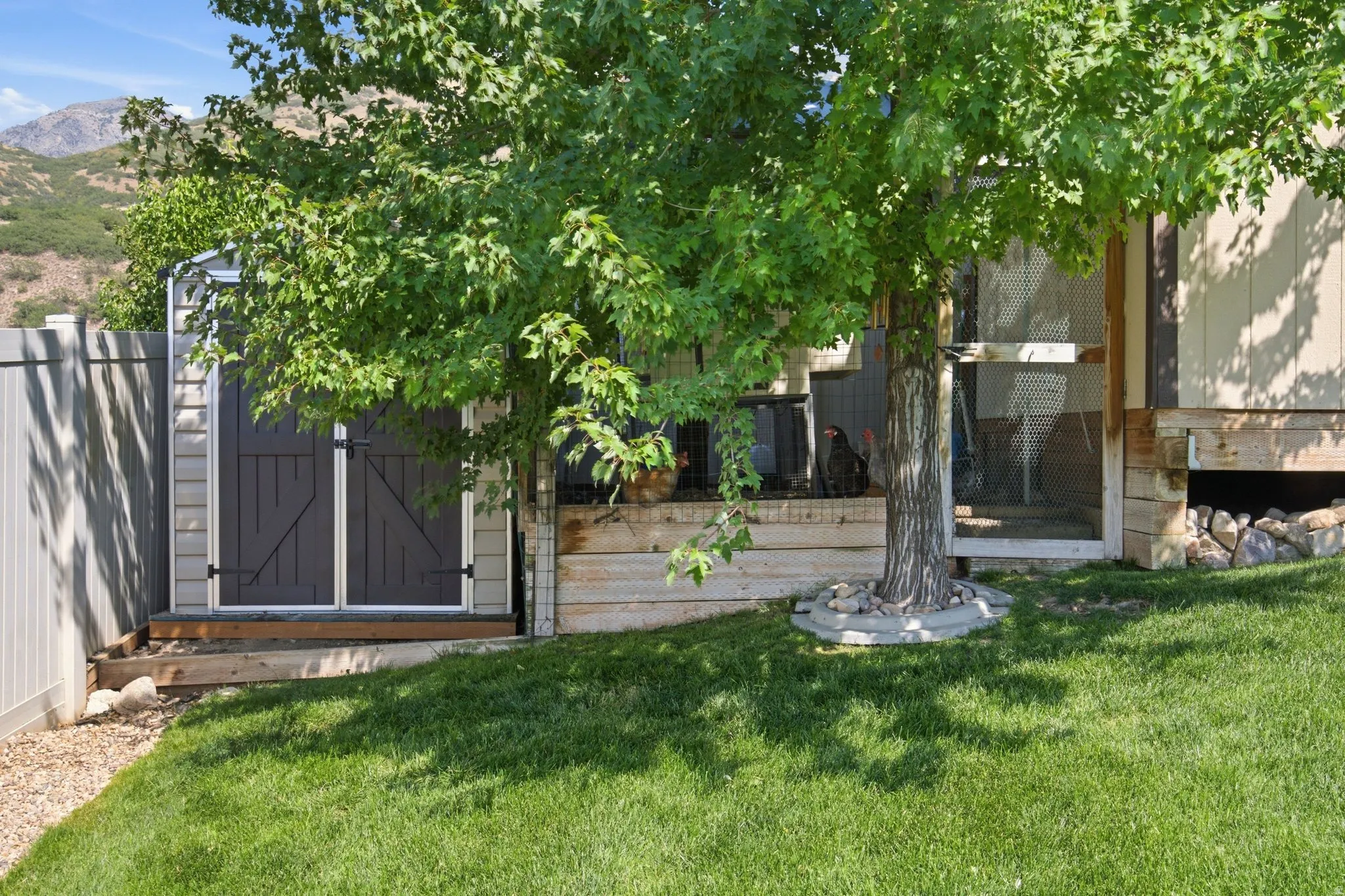 Mature shade trees and lush landscaping frame this serene backyard retreat