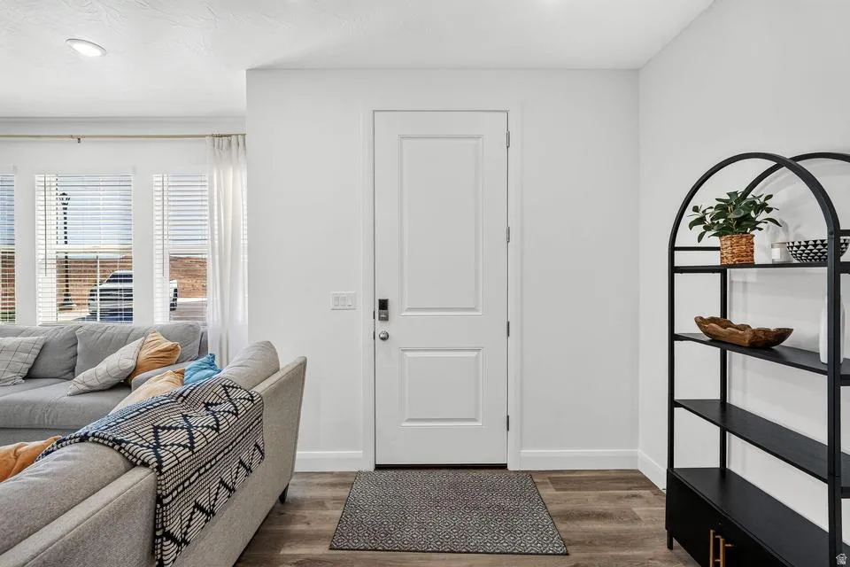 Bright entryway featuring a white six-panel entry door, recessed lighting, wood-finish flooring, and neutral wall finishes