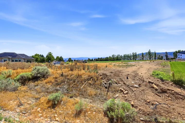 Expansive undeveloped lot with natural ground cover and distant mountain ranges