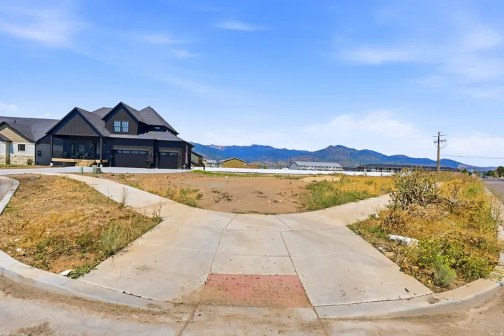 Spacious lot featuring a concrete driveway and mountain backdrop