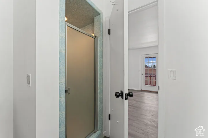 Modern bathroom entry featuring a frameless glass shower enclosure with brushed nickel hardware, white subway tile surround, and a sleek dark-finish door with contemporary knob hardware