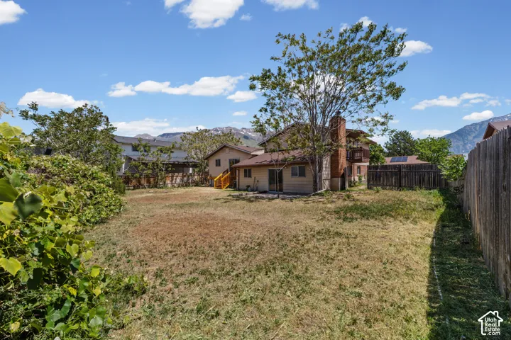 Expansive backyard featuring a large grassy area, a mature tree, and a wooden privacy fence