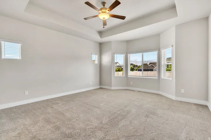 Spacious room featuring a tray ceiling with a ceiling fan, plush carpet flooring, and a bay window configuration with multiple windows