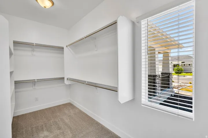 Spacious walk-in closet featuring dual hanging rods, multiple shelving units, and neutral carpeting
