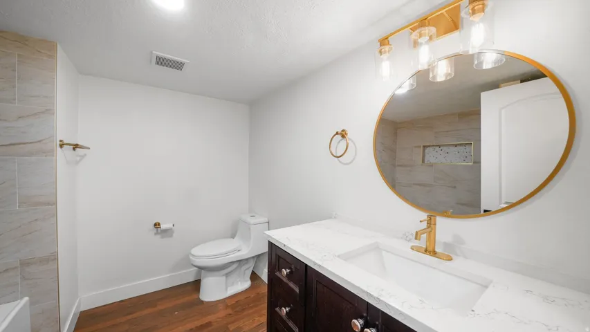 Bathroom vanity featuring a quartz countertop, integrated sink, and gold-finish fixtures