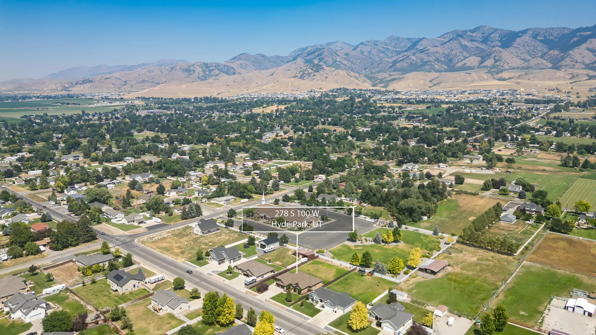 Aerial perspective showcasing a residential area with varied housing styles
