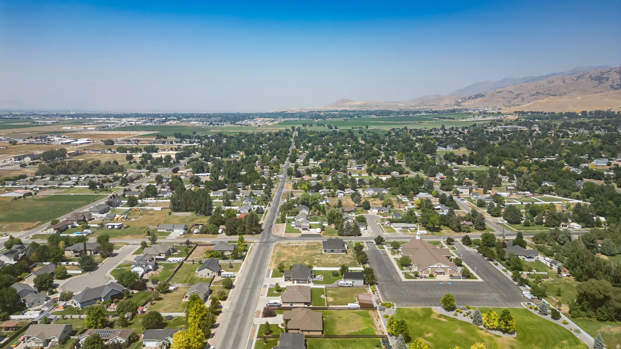 Aerial view showcasing a well-planned residential community with tree-lined streets, established landscaping, and single-family homes on generous lots