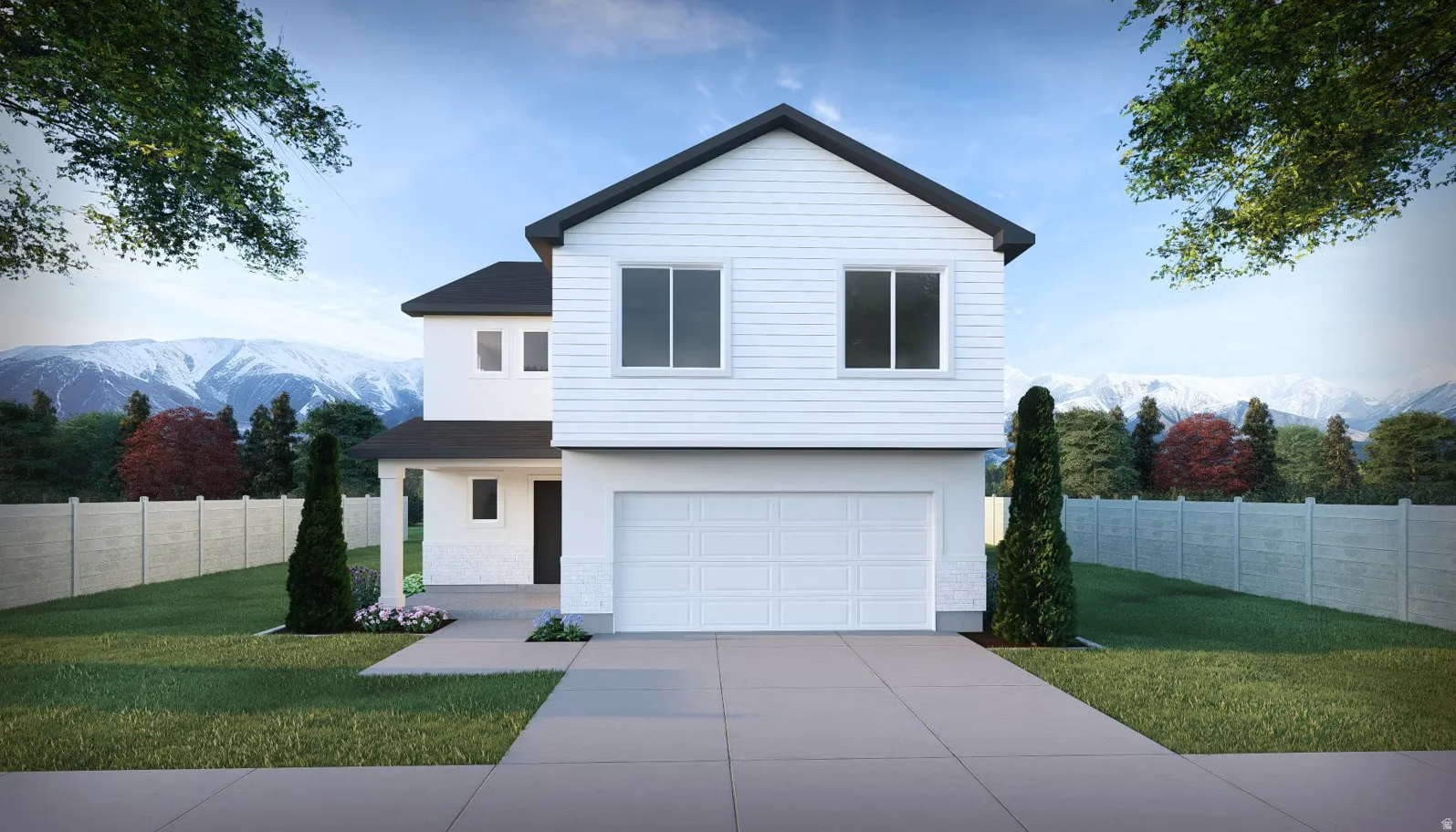 Modern two-story residence featuring a clean white exterior with contrasting dark roof accents, double-car garage with white paneled door, and manicured front lawn bordered by mature landscaping and evergreen plantings