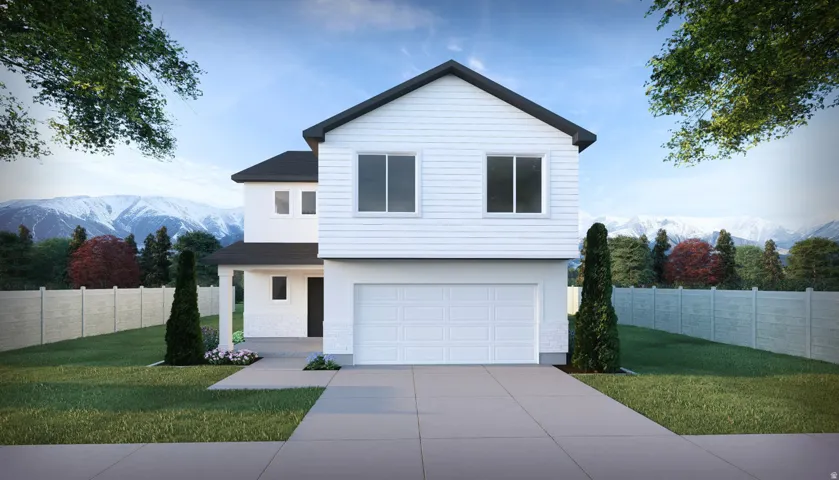 Modern two-story residence featuring a clean white exterior with contrasting dark roof accents, double-car garage with white paneled door, and manicured front lawn bordered by mature landscaping and evergreen plantings