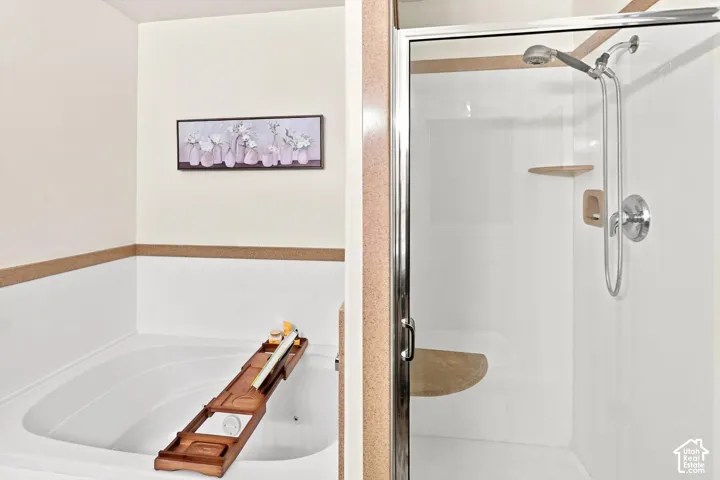 Bathroom featuring a white soaking tub and a separate shower enclosure with a glass door, built-in seat, and handheld showerhead