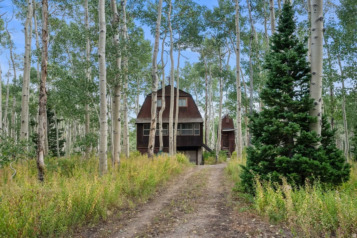 Rustic barn-style property with a gambrel roof and dark siding, nestled within a dense grove of aspen trees