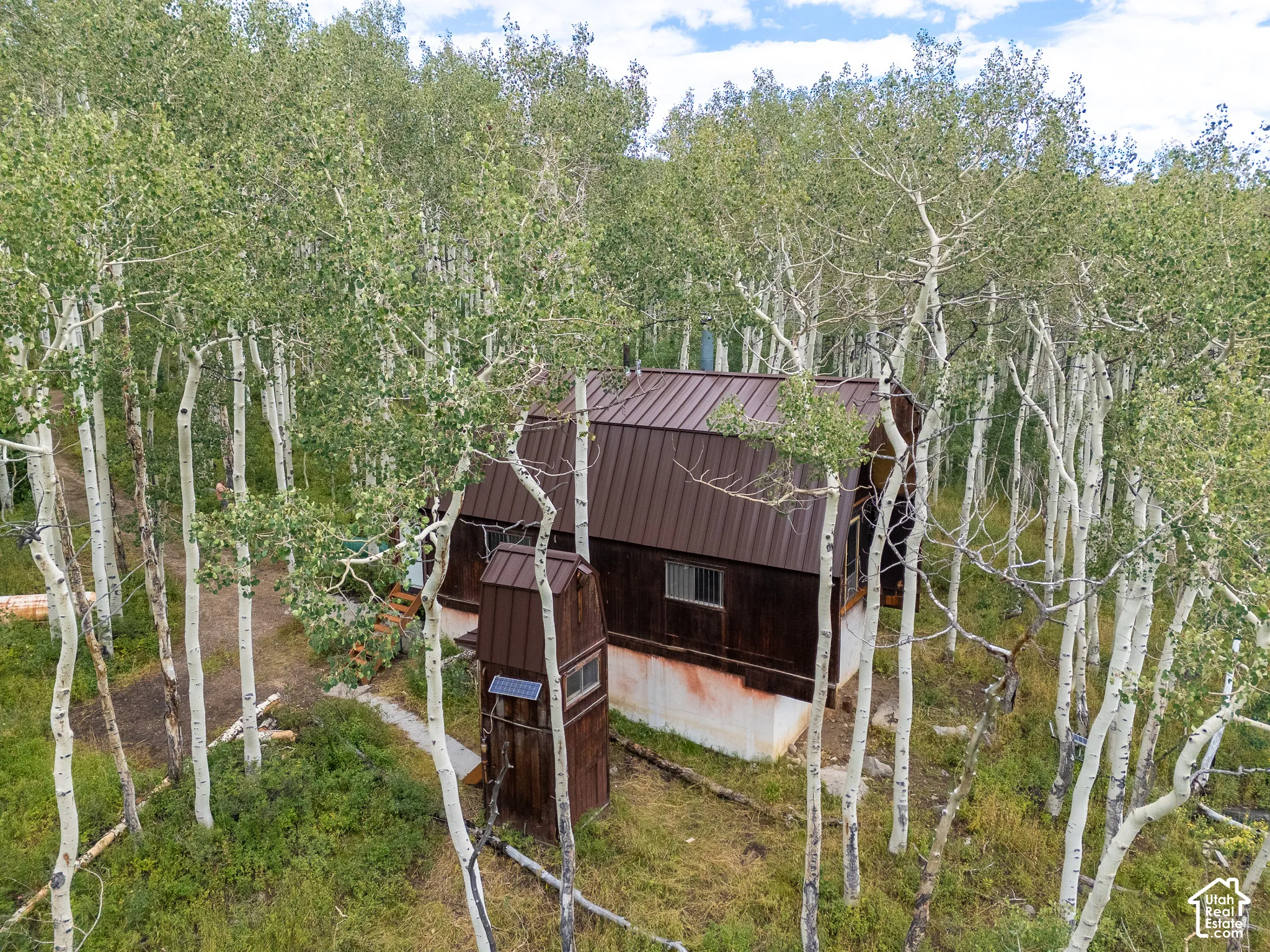 Secluded woodland retreat featuring a custom cabin nestled within mature aspen groves