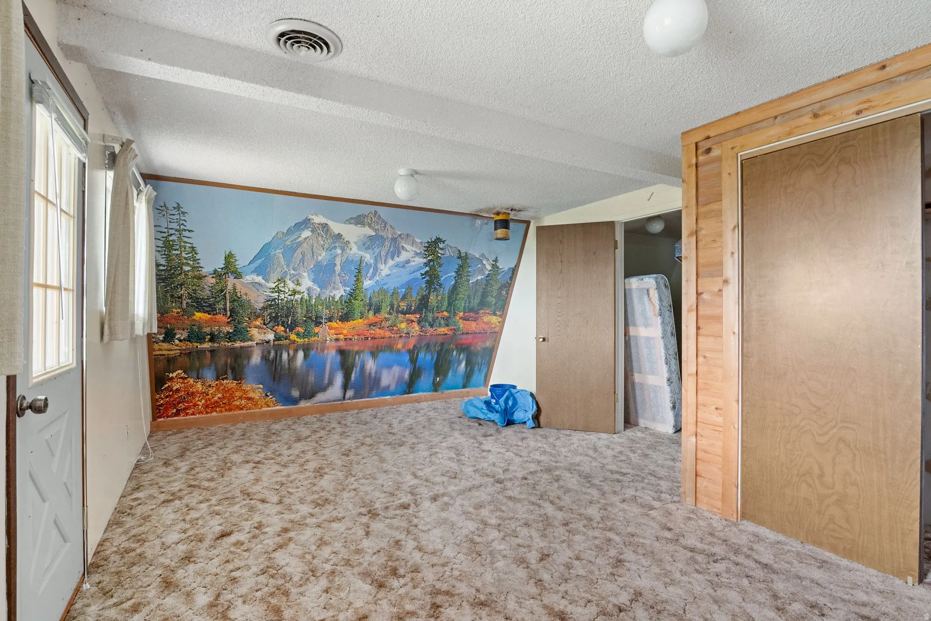 Bedroom 2 Large wall mural depicting a mountainous lake scene, and large closet.