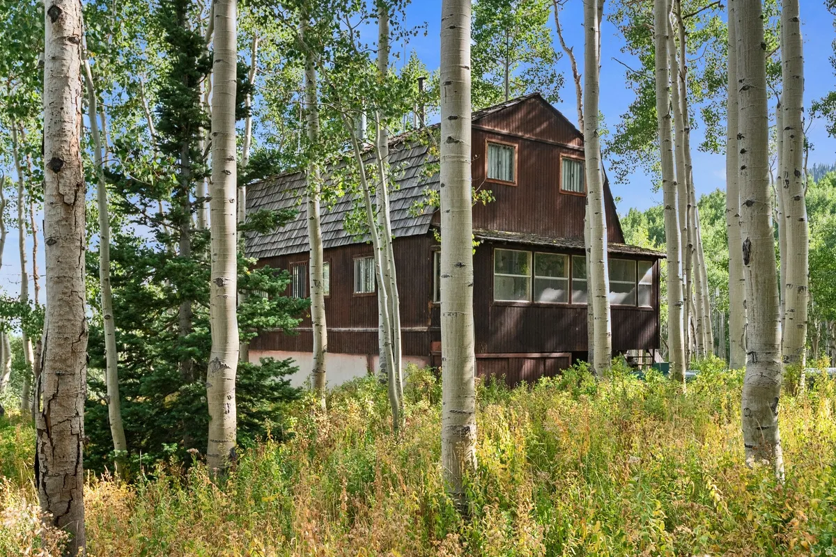 Wood-sided residence featuring a prominent A-frame roofline and multiple windows