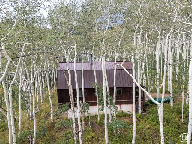 Wood-sided exterior with a metal roof surrounded by mature trees