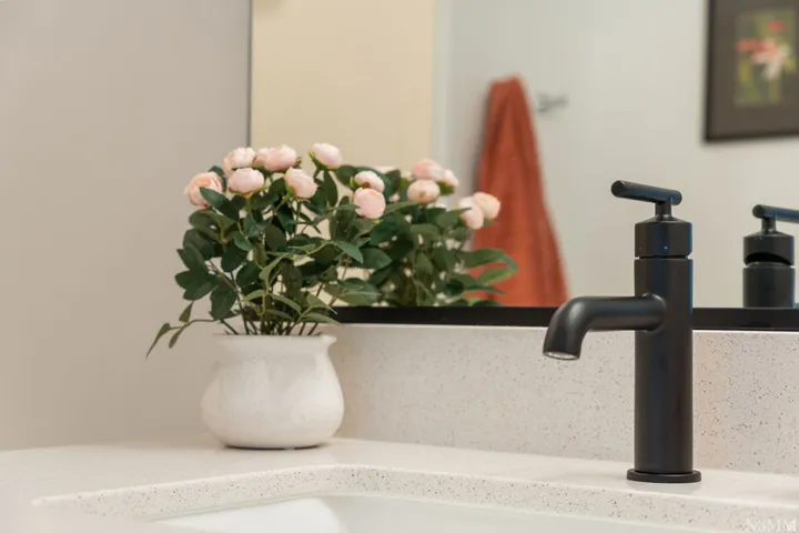 Spa-inspired primary bathroom vanity featuring a quartz composite countertop, integrated vessel sink, and matte black single-handle faucet